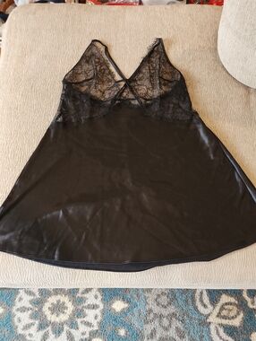 Victoria's Secret Black Satin and Lace V-Neck Chemise